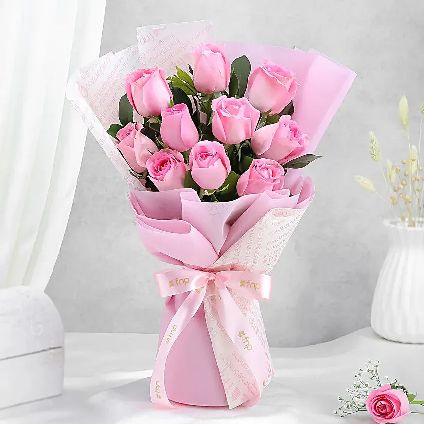 10 Pink Roses In Pink Paper