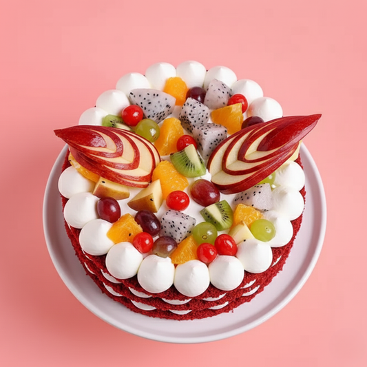 Fresh Fruits Topped Red Velvet Cake