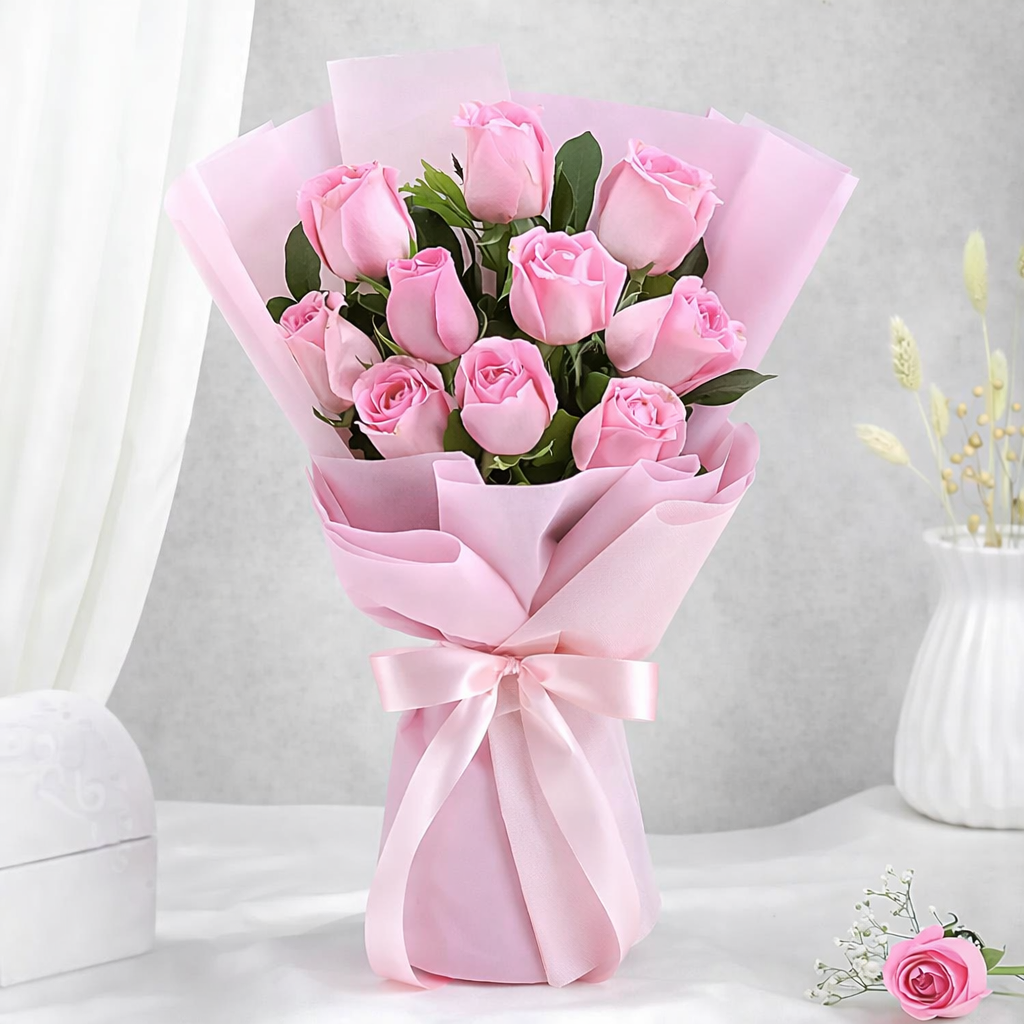 10 Pink Roses In Pink Paper