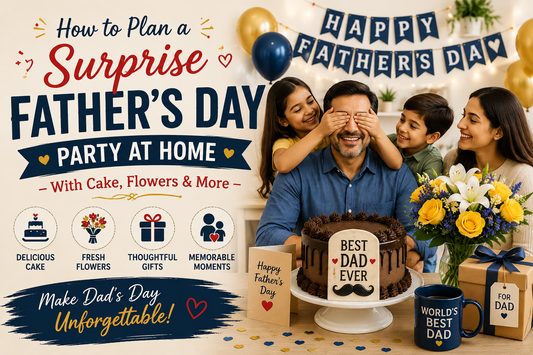 Father's Day home celebration setup featuring a decorated cake, fresh flowers, gift boxes, balloons, and party decorations for a surprise Father's Day party at Jaipur home.