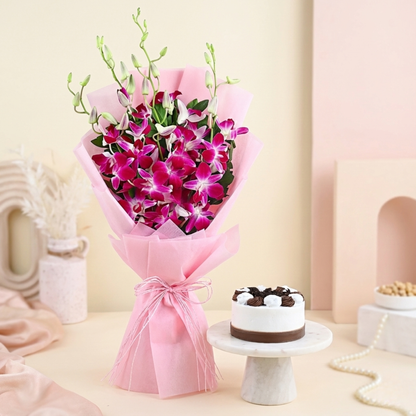 Dreamy Violet Whispers Orchids Bouquet & Black Forest Combo
