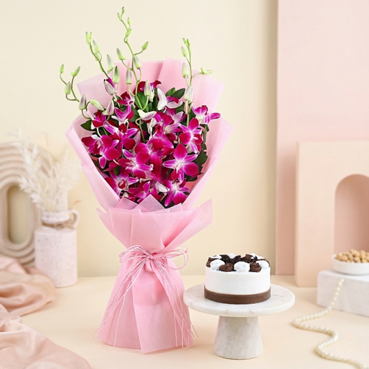 Dreamy Violet Whispers Orchids Bouquet & Black Forest Combo