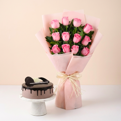 Sweet Memories Pink Roses Bouquet & Chocolate Cake