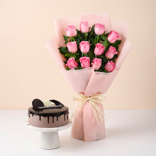 Sweet Memories Pink Roses Bouquet & Chocolate Cake
