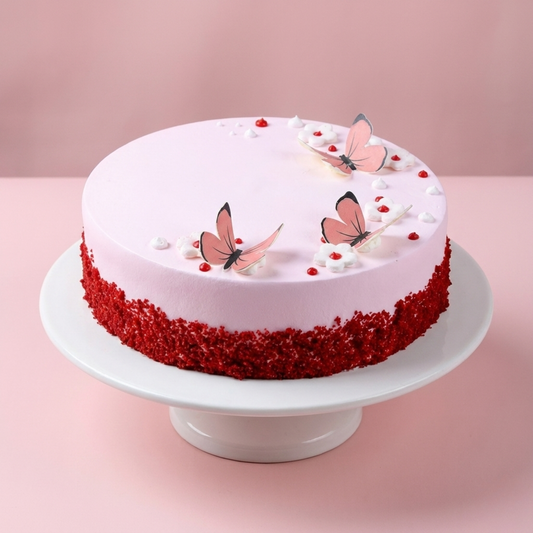 Pink Butterfly N Flowers Red Velvet Cake