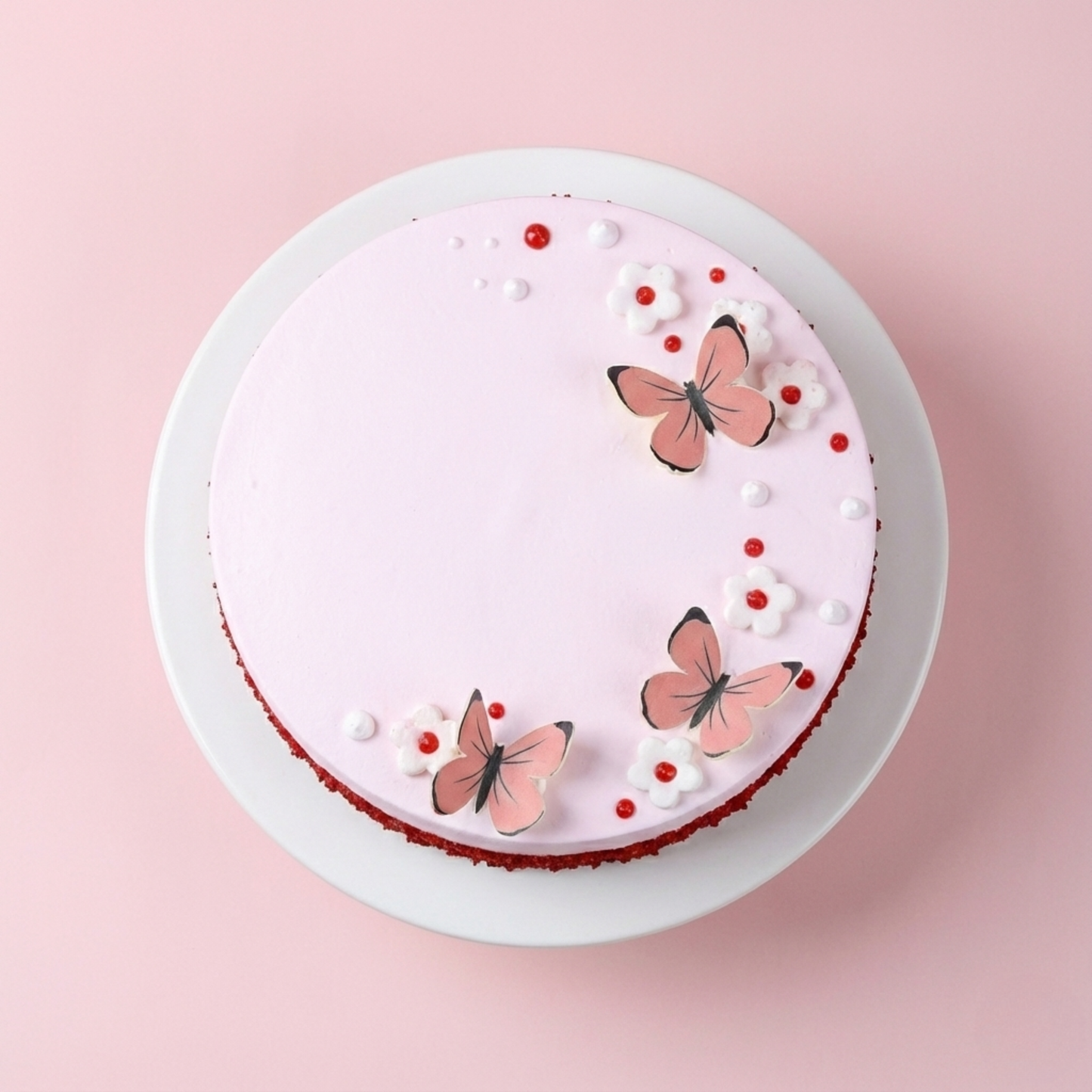 Pink Butterfly N Flowers Red Velvet Cake