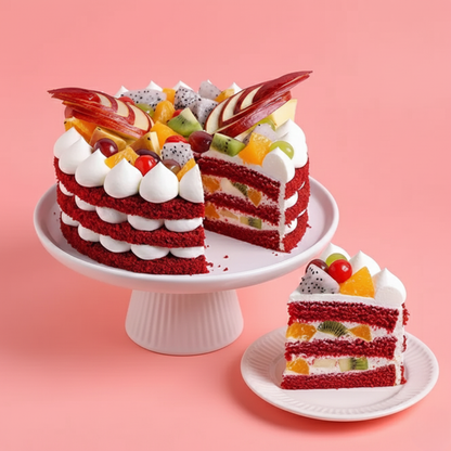 Fresh Fruits Topped Red Velvet Cake