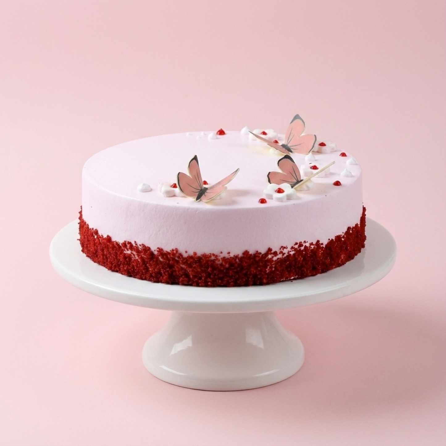Pink Butterfly N Flowers Red Velvet Cake