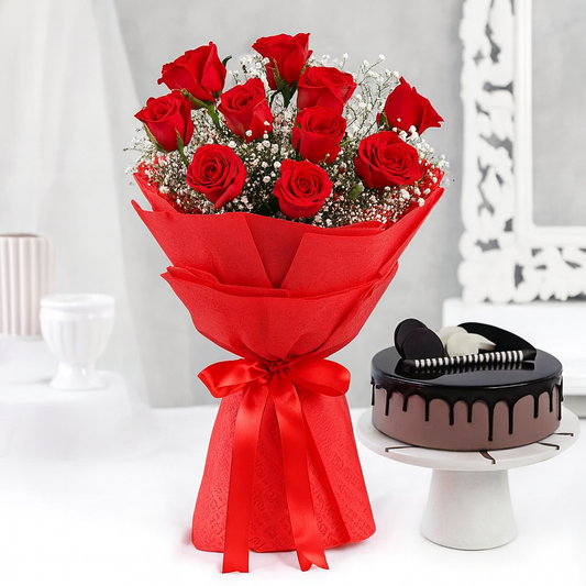 Timeless Love Red Roses Bouquet & Chocolate Cake