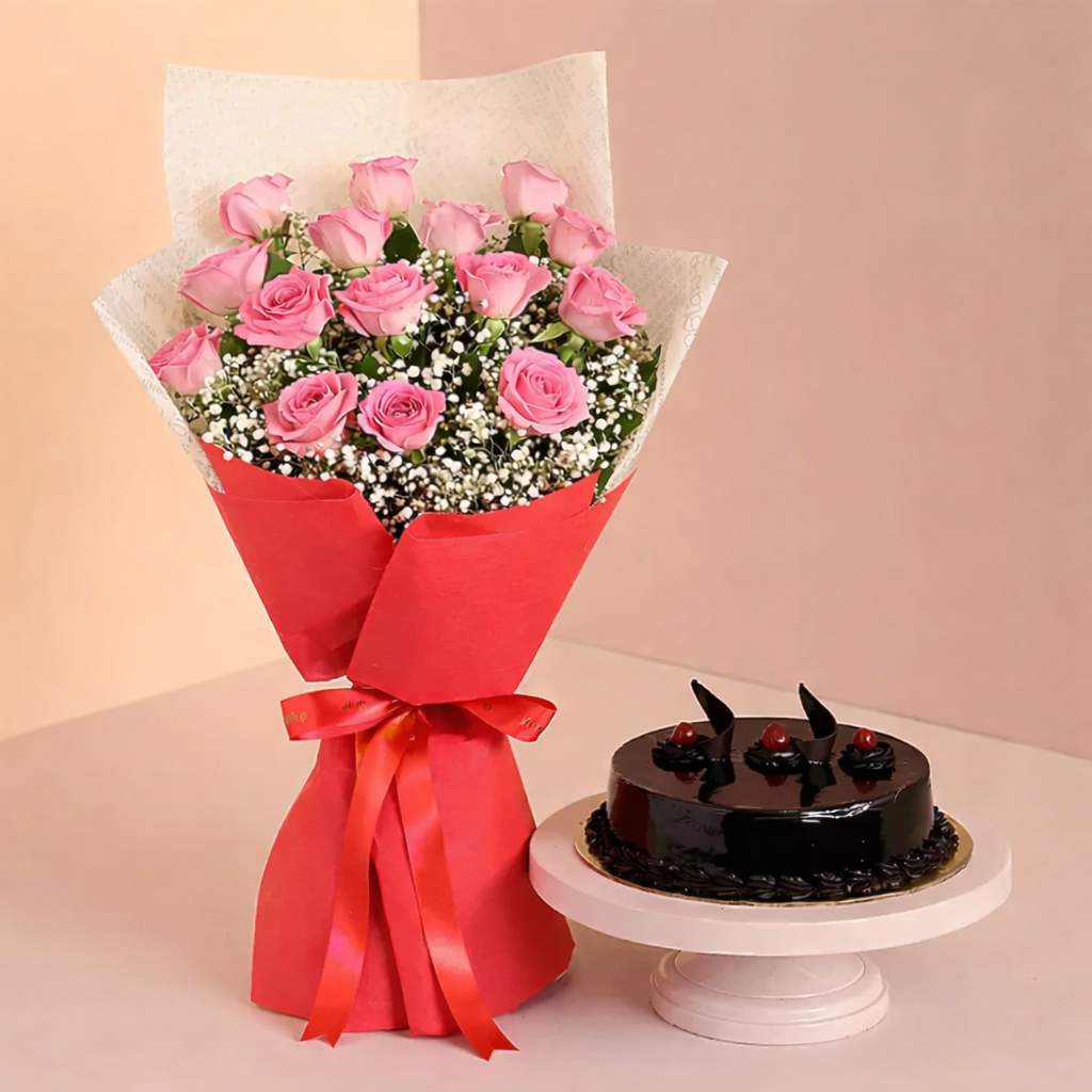 Love Roses Bouquet N Truffle Cake