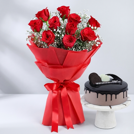 Timeless Love Red Roses Bouquet & Chocolate Cake