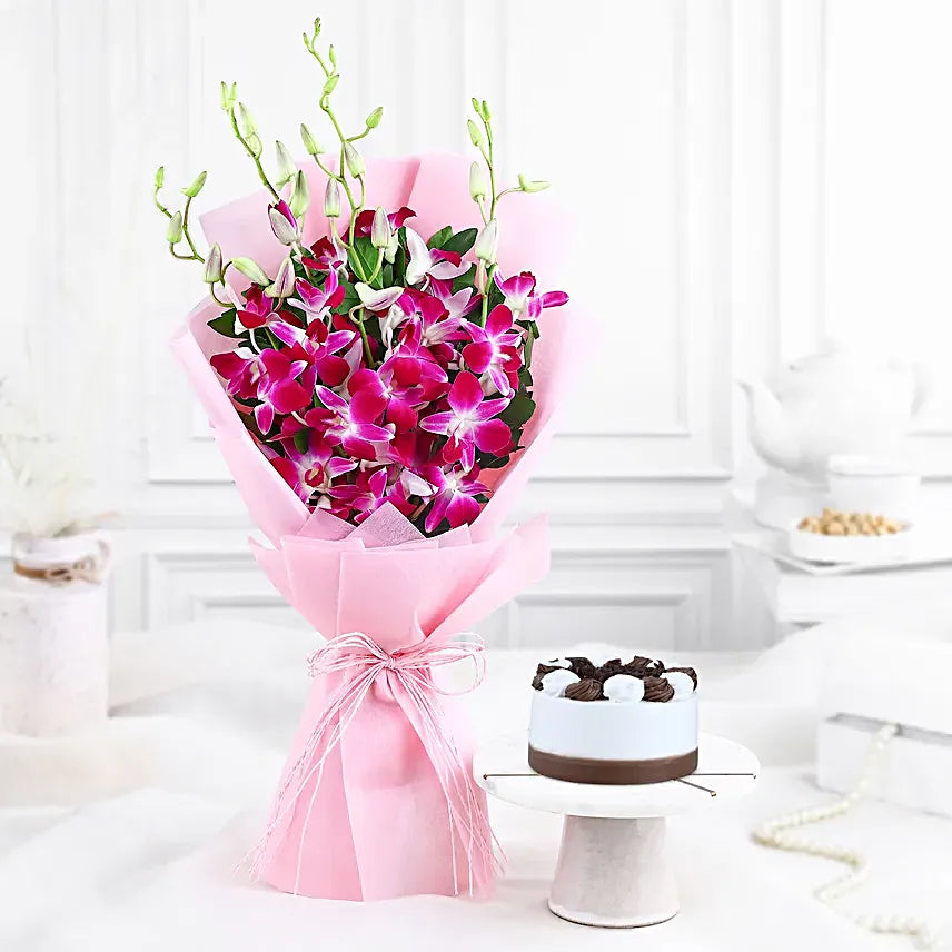 Dreamy Violet Whispers Orchids Bouquet & Black Forest Combo