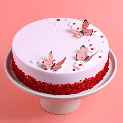 Pink Butterfly N Flowers Red Velvet Cake