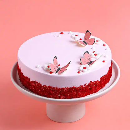 Pink Butterfly N Flowers Red Velvet Cake