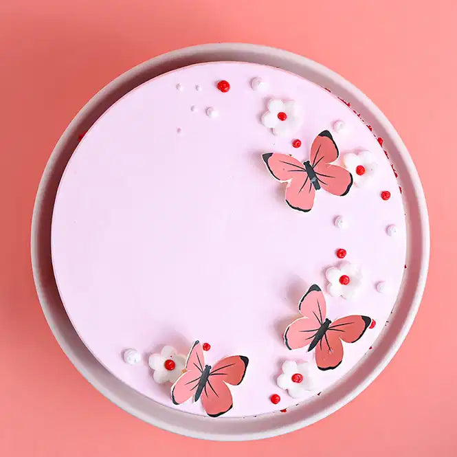 Pink Butterfly N Flowers Red Velvet Cake