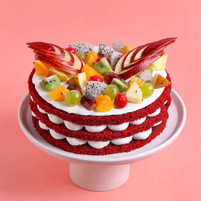 Fresh Fruits Topped Red Velvet Cake
