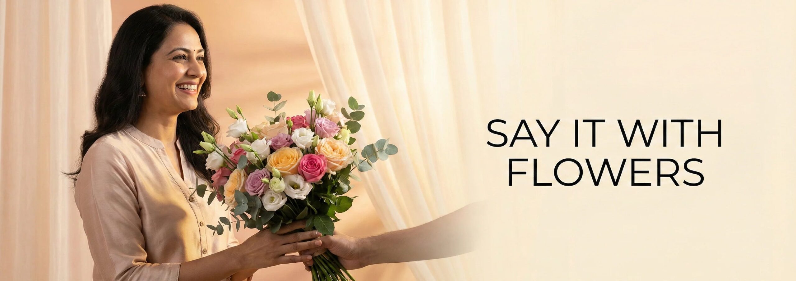 Say it with flowers — woman receiving a mixed rose bouquet